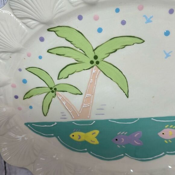 Ceramic Plate Palm Trees Fish Tropical Scene Shells On Edges Fishline - Picture 3 of 8